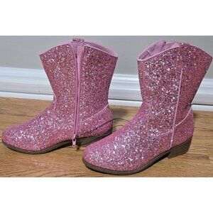 🆕Girls Pink Glitter Manmade Glitter Cowgirl Mid Calf Cowboy Western Boots